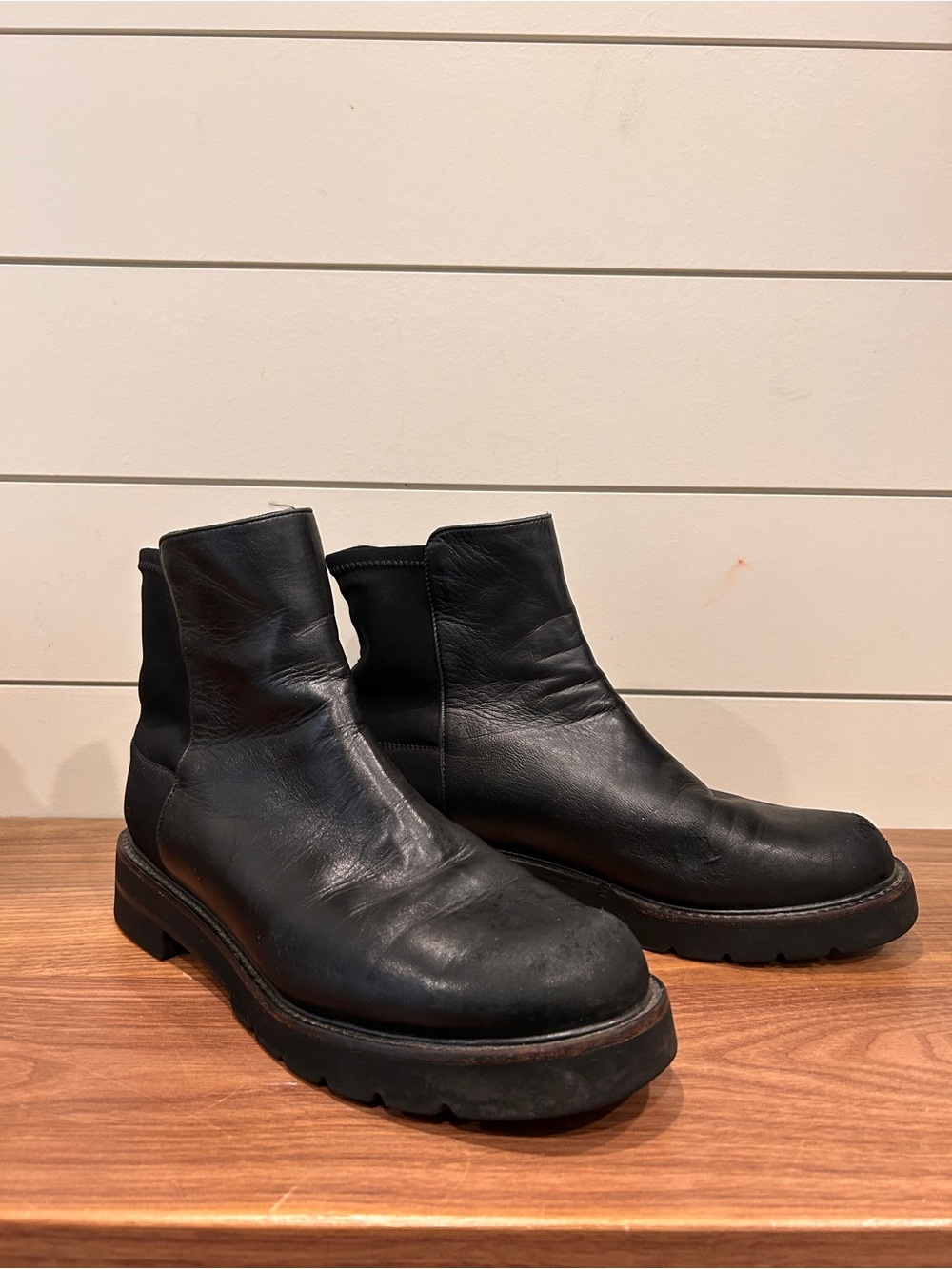 Stuart Weitzman Black Leather Lug-Sole Chelsea Booties